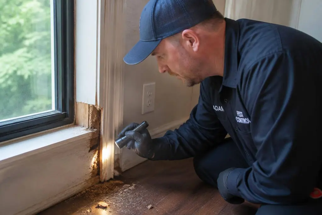 Technician inspecting carpenter ant damage in window trim