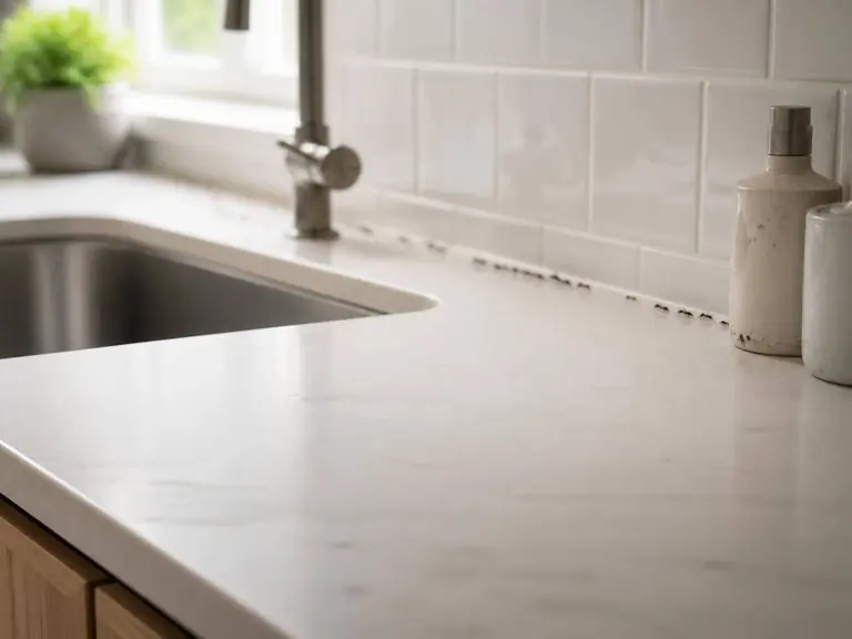 Ant trail along a kitchen countertop edge