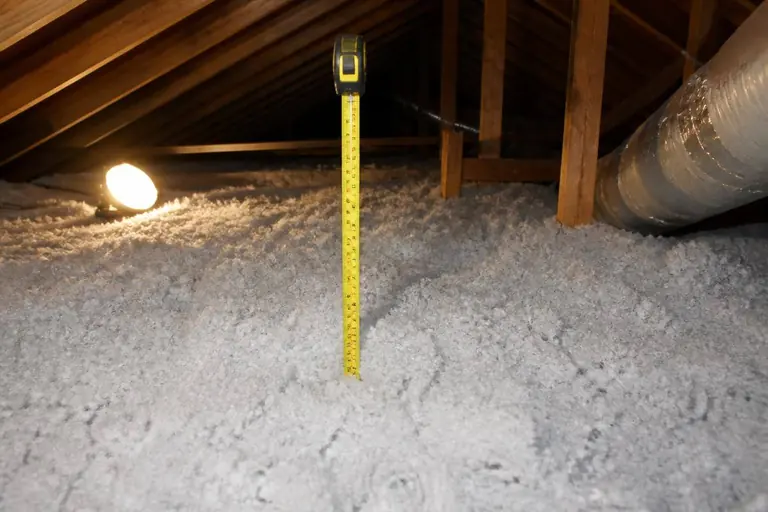 Tape measure checking attic insulation depth