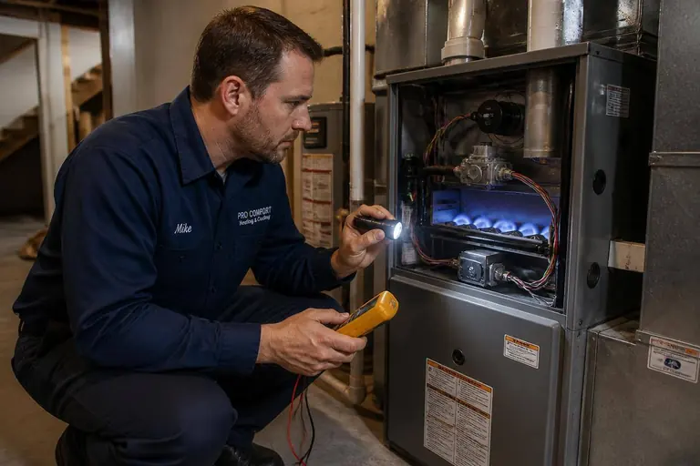 Technician inspecting a gas furnace