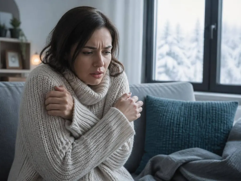 Woman in a sweater warming her hands in a cold living room