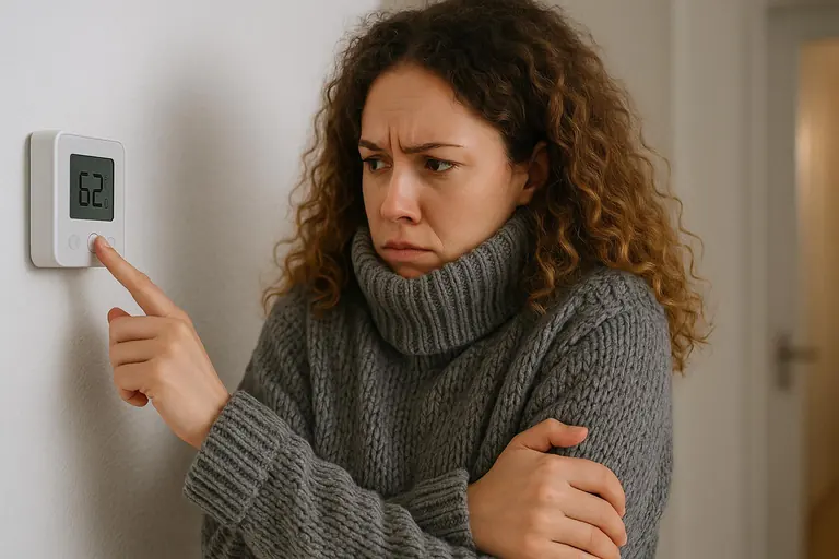 Homeowner checking a wall thermostat reading 62 degrees
