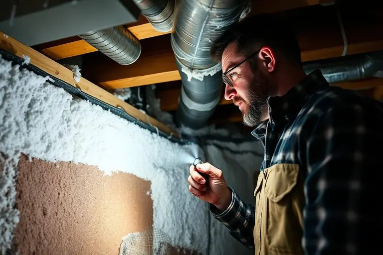 Contractor checking basement ductwork and rim joist insulation