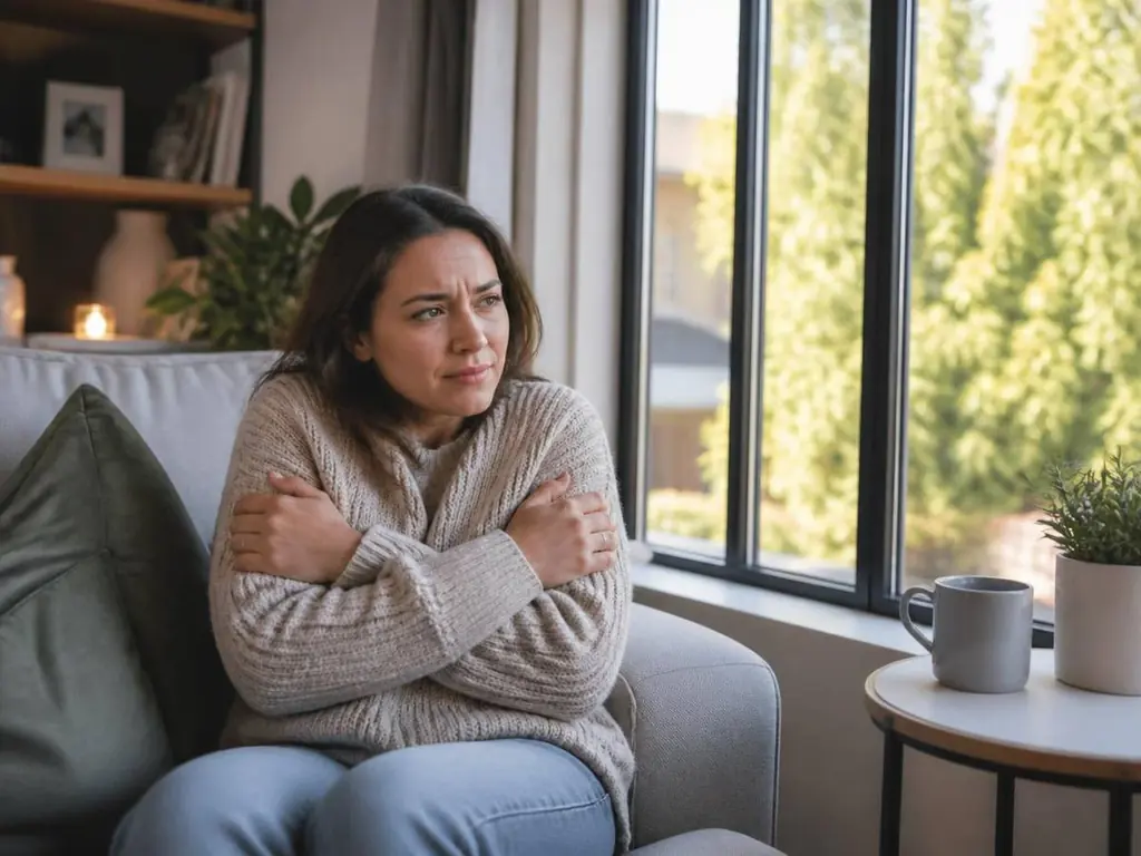 Woman in a sweater feeling cold indoors on a mild day