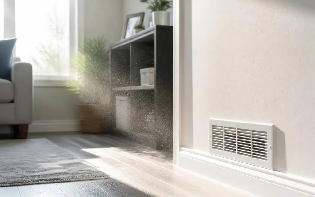 Dust visible in sunlight beside a residential air vent in a house that gets dusty fast