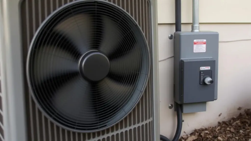Outdoor condenser unit sitting still beside its exterior disconnect box