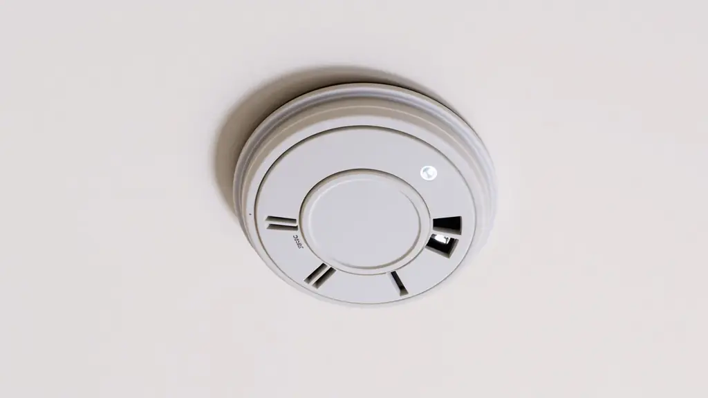 Ceiling-mounted smoke alarm with its indicator light showing