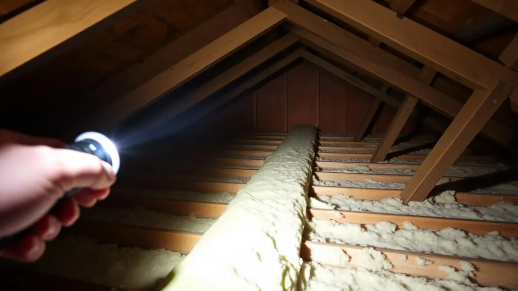Attic interior lit by a flashlight showing disturbed insulation between joists