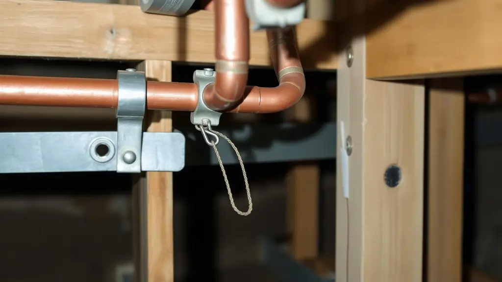 Copper supply pipes running along basement joists with loose mounting straps