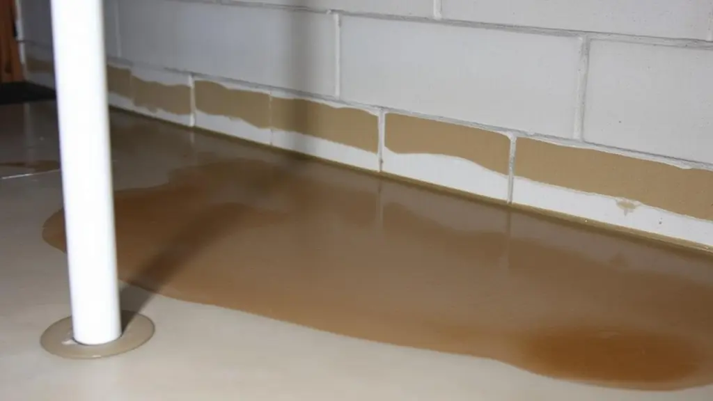 Shallow water spreading across a bare concrete basement floor at the base of a block wall