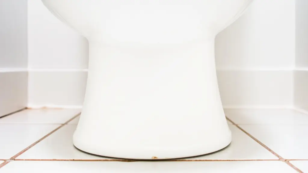 Base of a toilet where it meets the bathroom floor with the caulk line visible