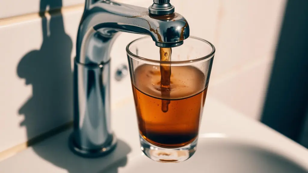 Discoloured brown tap water filling a clear glass at a bathroom faucet