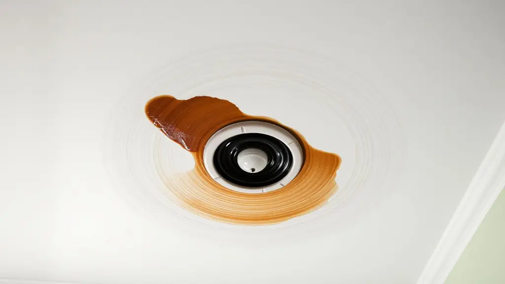 Brown ringed water stain spreading on a white ceiling