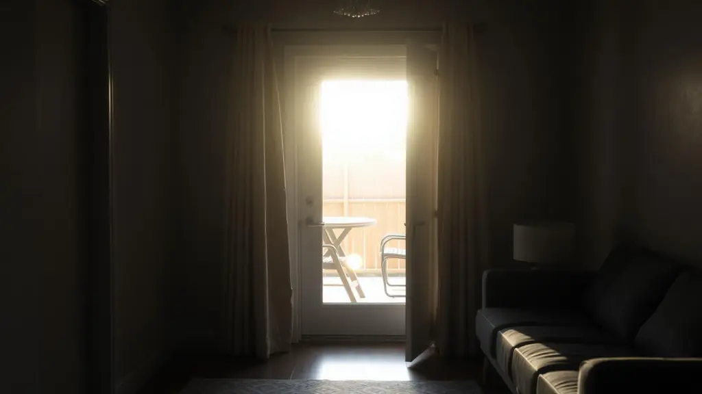 Shaded interior room with warm sunlight visible on the patio beyond the door