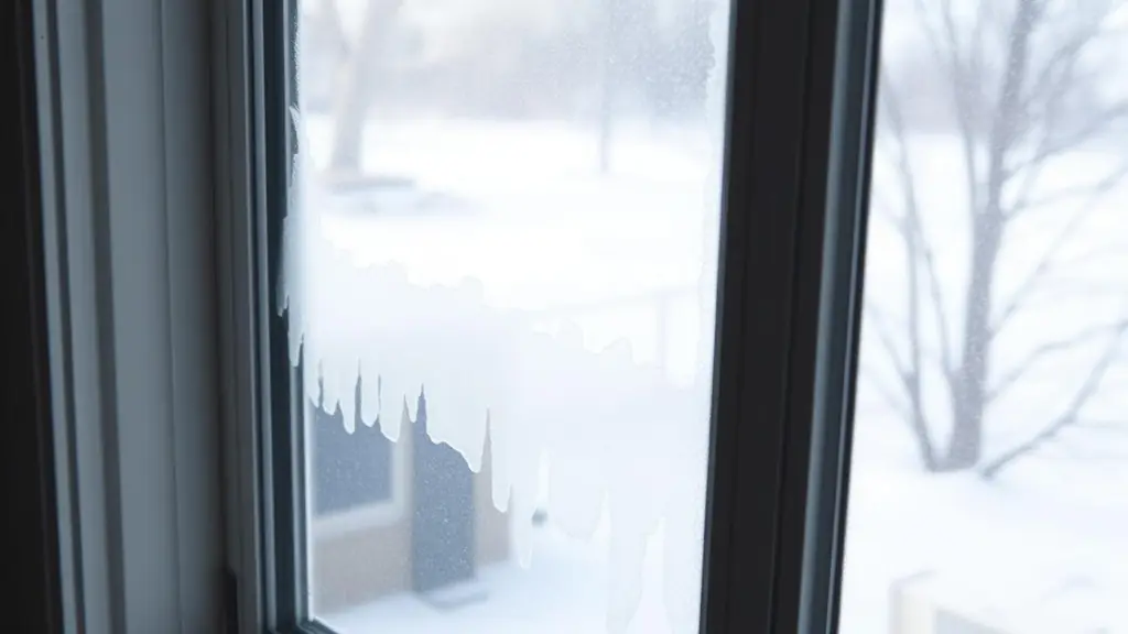 Frost on the lower corner of a window pane in a cold winter room