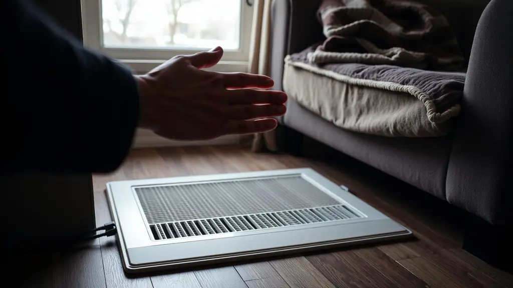 Hand held over a warm floor register in a cold room with a blanket nearby