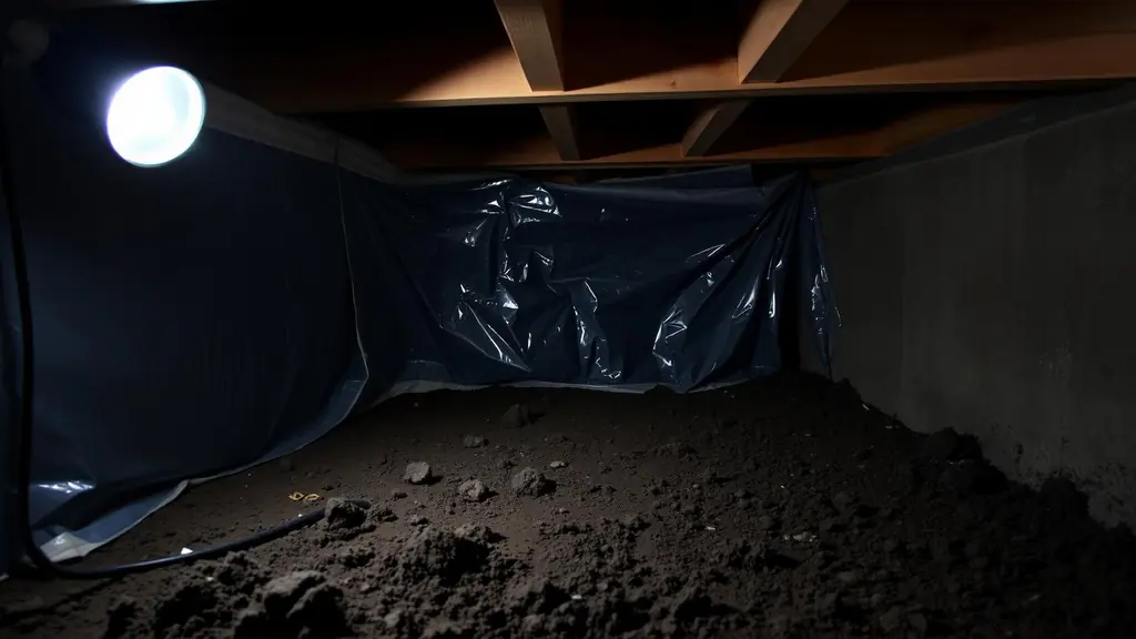 Damp soil and a torn plastic vapor barrier under floor joists in a crawl space