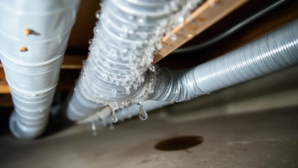 Condensation beading on a metal air duct running below basement joists