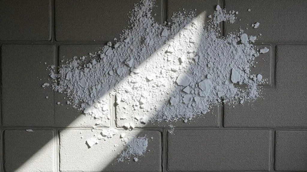 White powdery efflorescence crystals on a concrete block basement wall