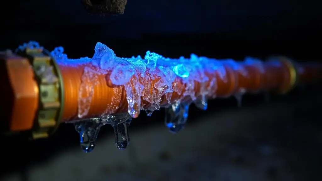 Frost forming on an uninsulated water pipe in an unheated crawl space