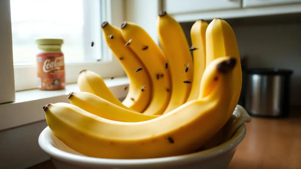 Fruit flies around overripe bananas in a bowl on a kitchen counter