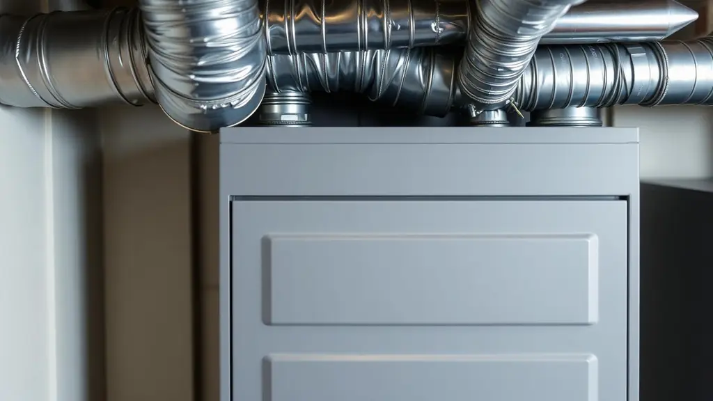 Gas furnace in a basement with its blower access panel and sight glass visible
