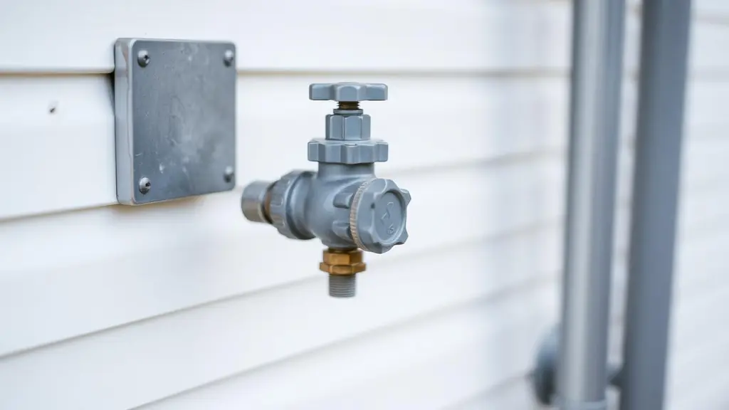 Exterior residential natural gas meter and shutoff valve beside a house wall