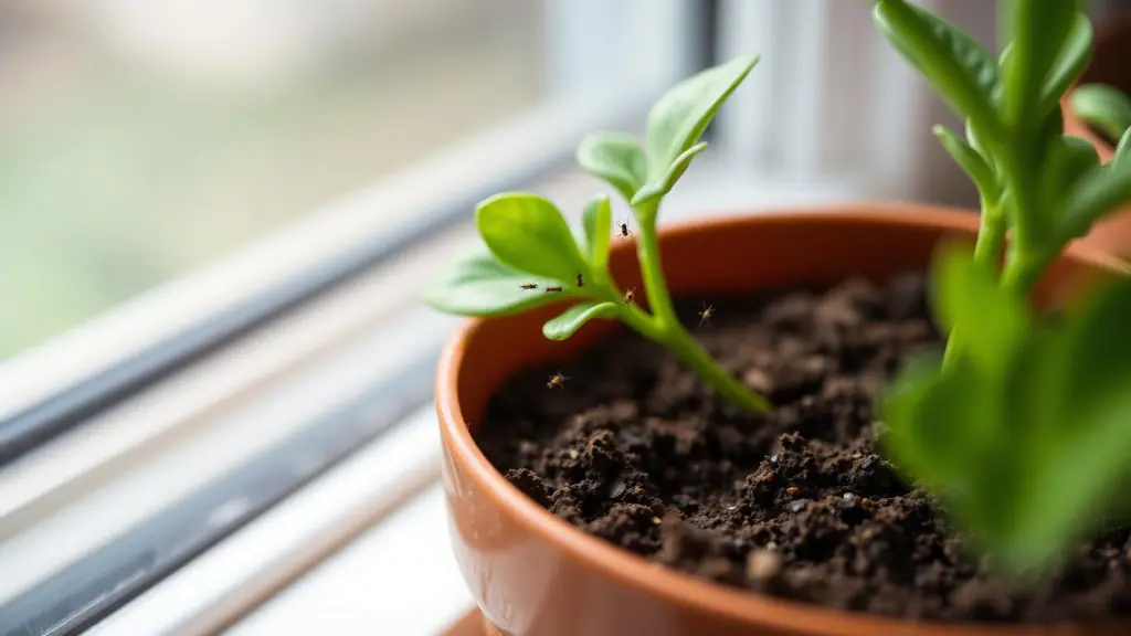 Tiny gnats hovering over the damp soil of an indoor potted plant