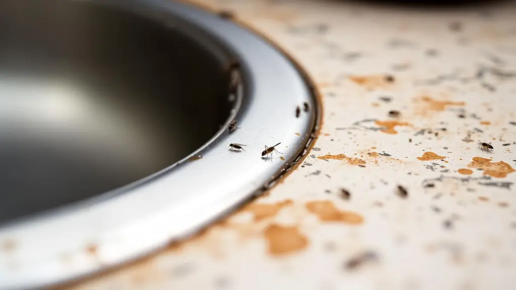 Small flying insects near a kitchen sink drain and damp countertop edge