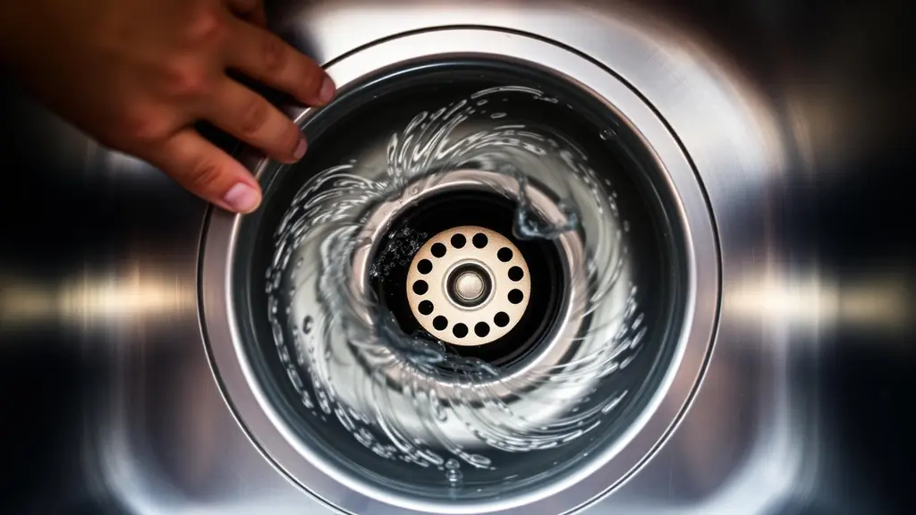 Water draining slowly around an open kitchen sink drain being inspected