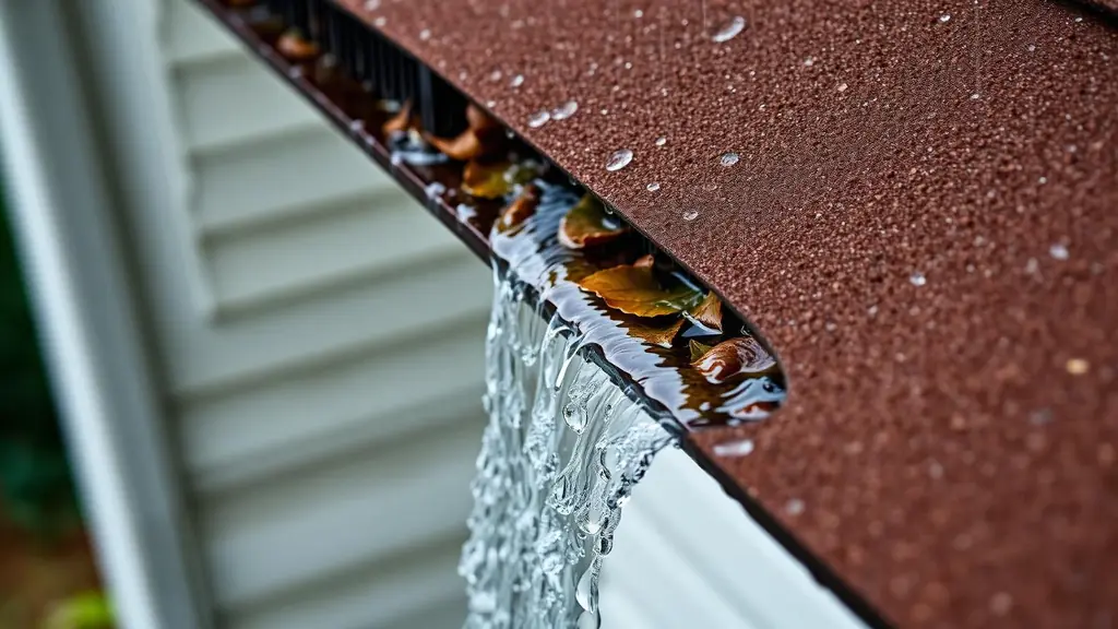Rainwater spilling over the front edge of a clogged gutter