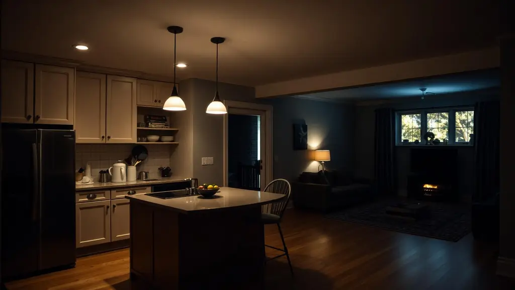 One side of an open-plan home lit while the adjoining room stays dark