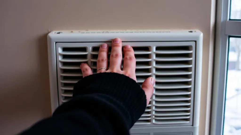Homeowner feeling cool air at a wall heating vent with a thermometer in hand