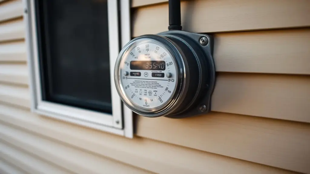 Residential electric meter mounted on an exterior wall with the display visible