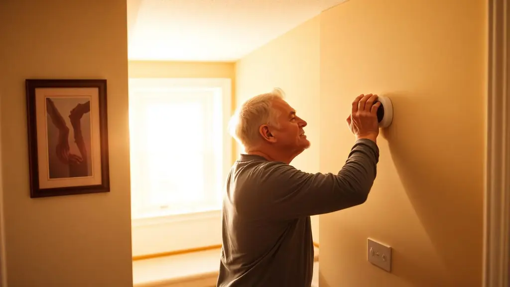 Homeowner checking a thermostat on an upstairs landing in a warm house