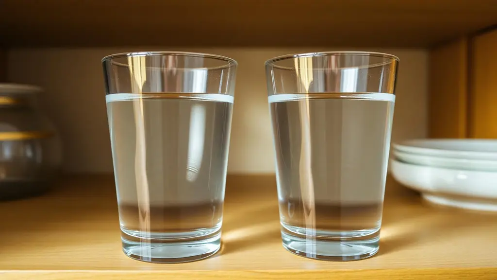 Glasses on a shelf with faint ripples in the water from house vibration