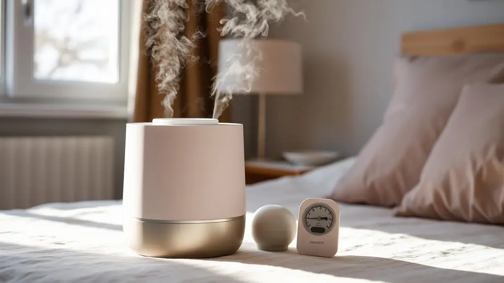 Portable humidifier running in a bedroom next to a hygrometer showing low humidity