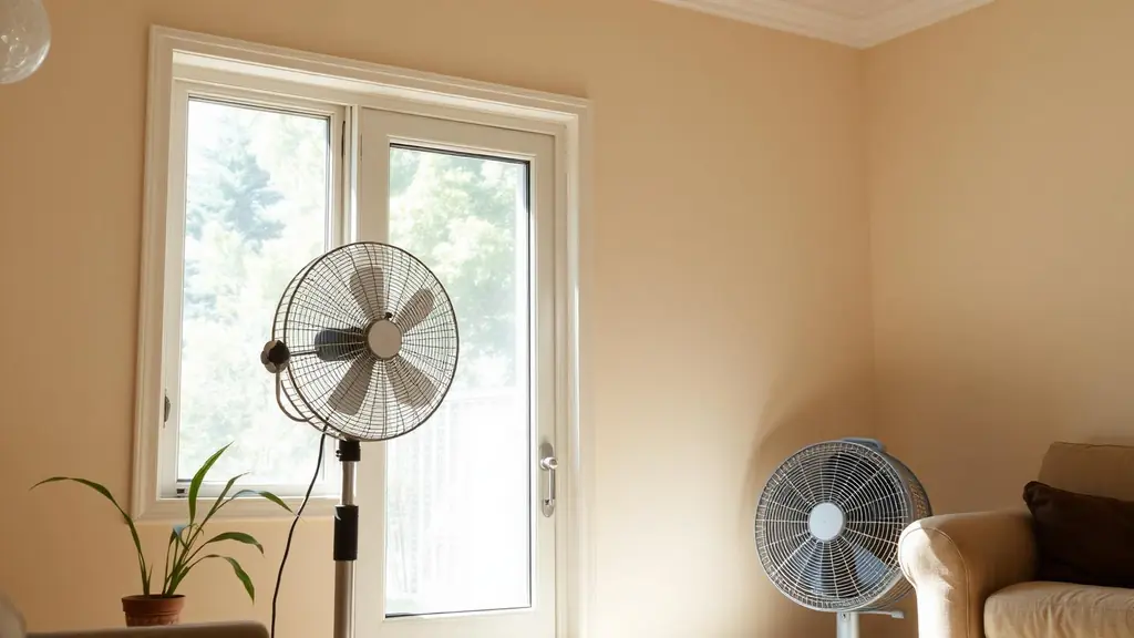 Box fan running by an open window in a hot, sunlit living room