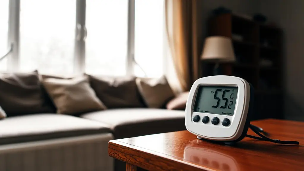 Digital hygrometer on a side table reading high humidity in a living room with fogged window glass behind it