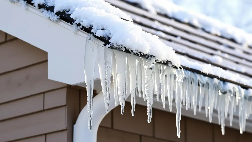 Ridge of ice and icicles built up along the eave of a shingled roof