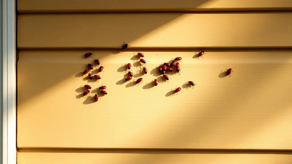 Ladybugs spread across a sunlit exterior wall of a house