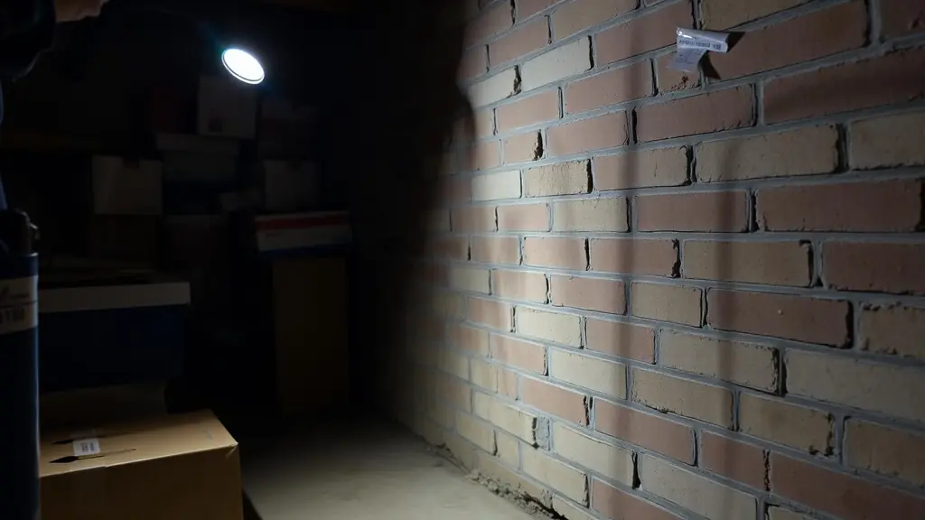 Homeowner inspecting a damp basement wall with a flashlight