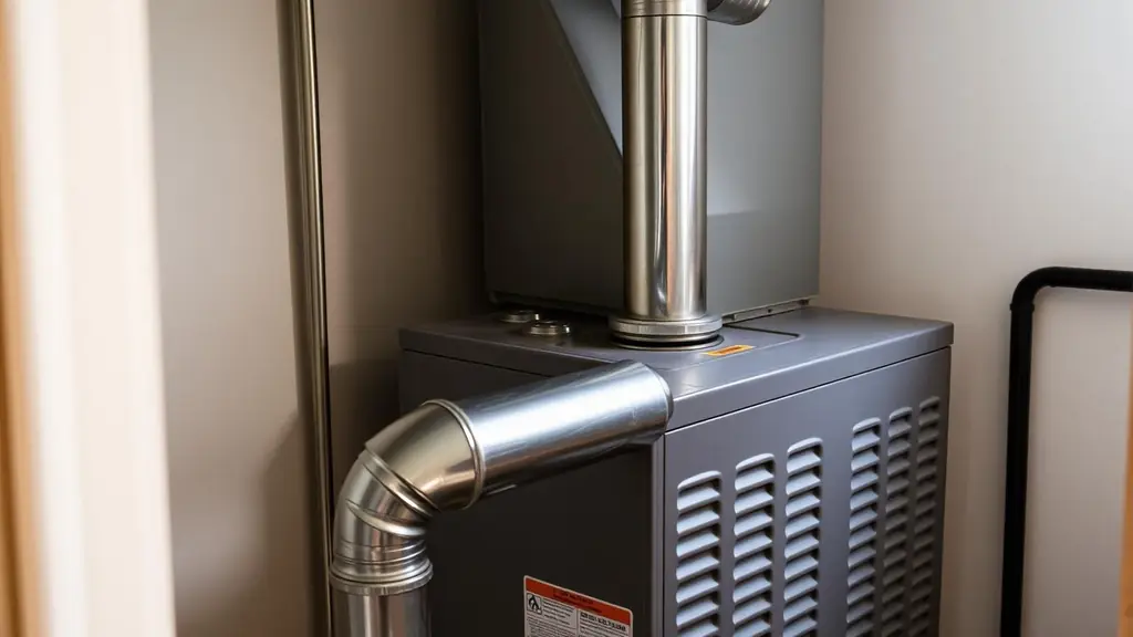 Gas furnace and flue pipe in a utility room with the thermostat wire visible