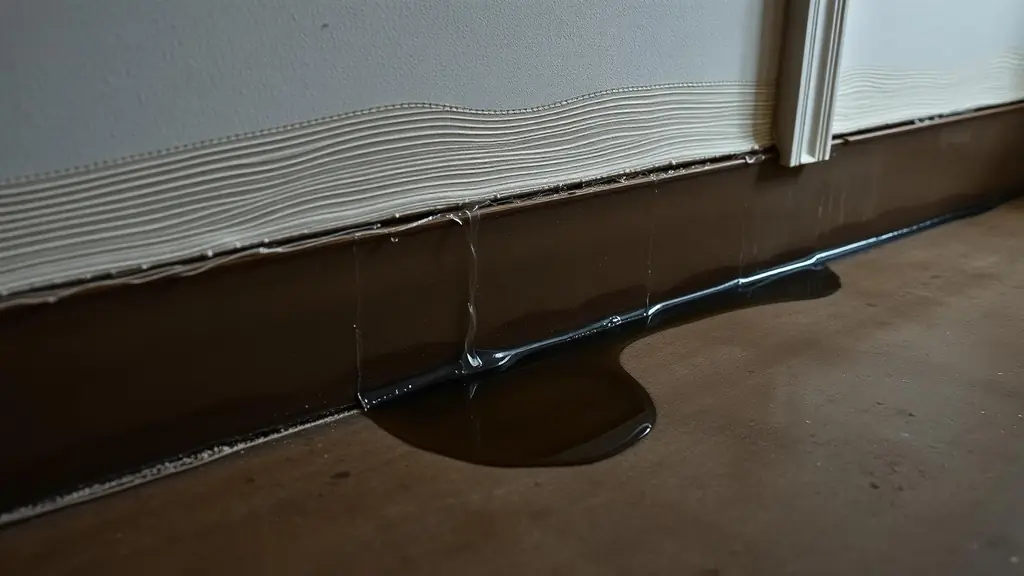 Rainwater tracking down a basement foundation wall onto the floor during a storm