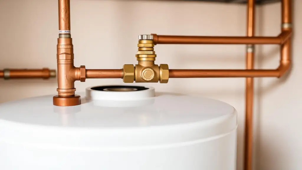 Top of a residential water heater showing the anode rod port and hot water line