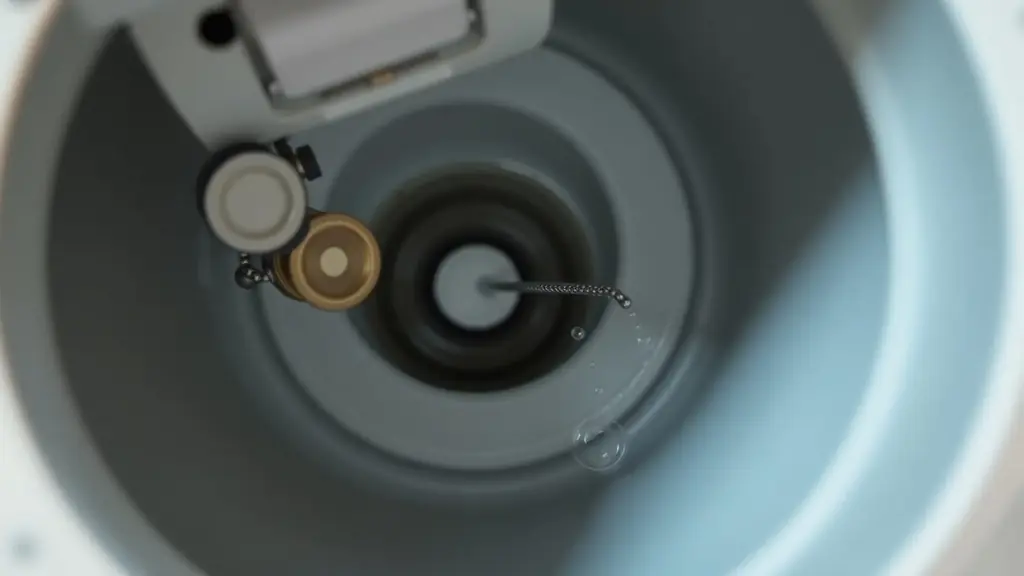 Open toilet tank showing the fill valve, float and flapper