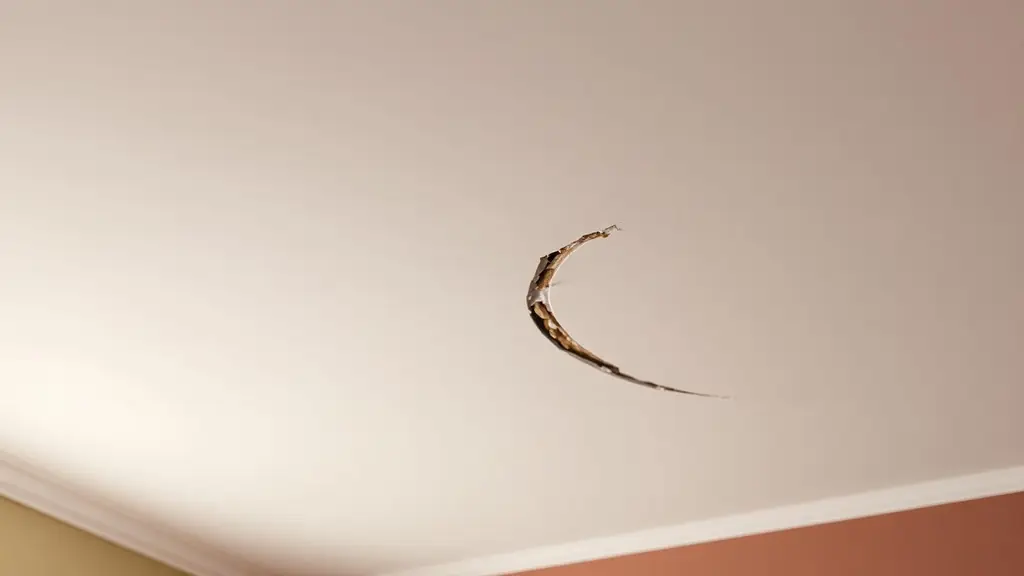 Visible downward bow and seam separation in a painted interior ceiling