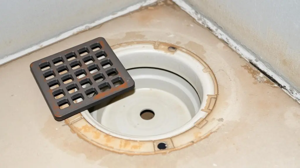 Dry basement floor drain with its trap visible below the grate