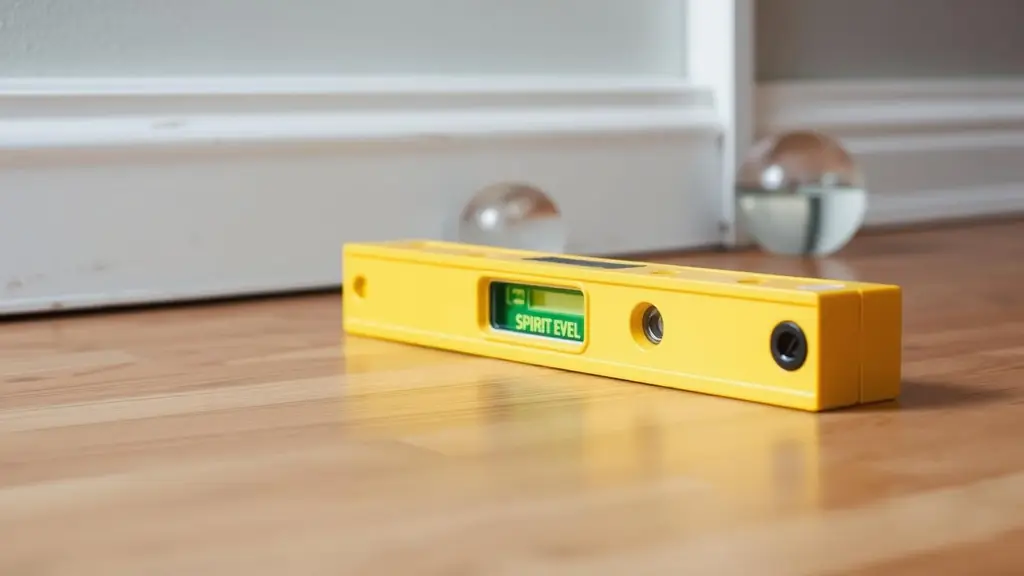 Spirit level resting on a hardwood floor showing the bubble off centre