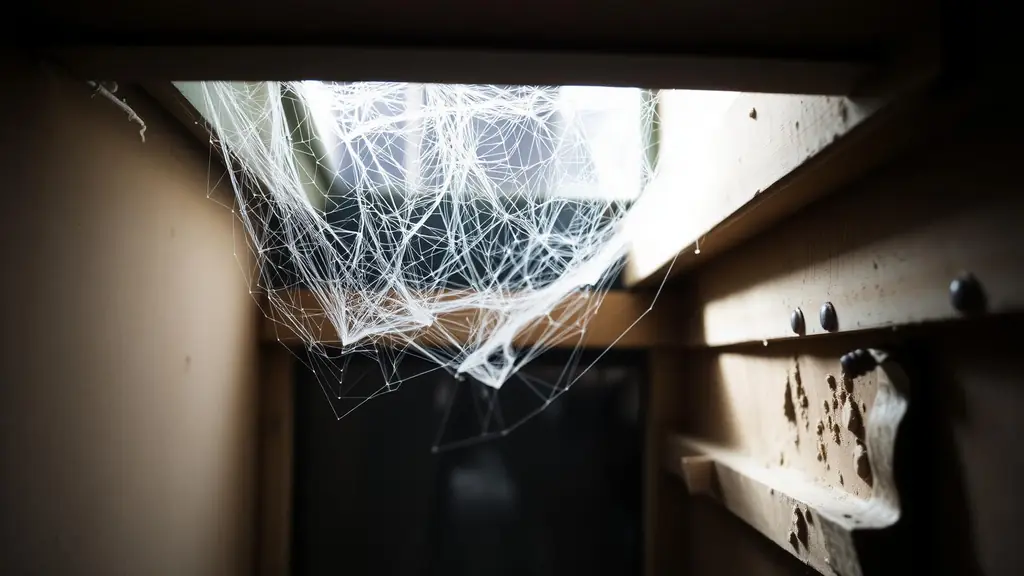 Cobwebs strung across a basement window well corner